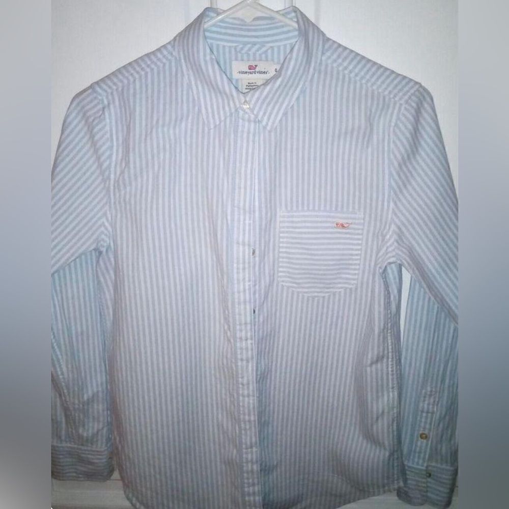 VINEYARD VINES Shirt Women’s Blue White Stripes Cotton Button Up Sz 10 Logo